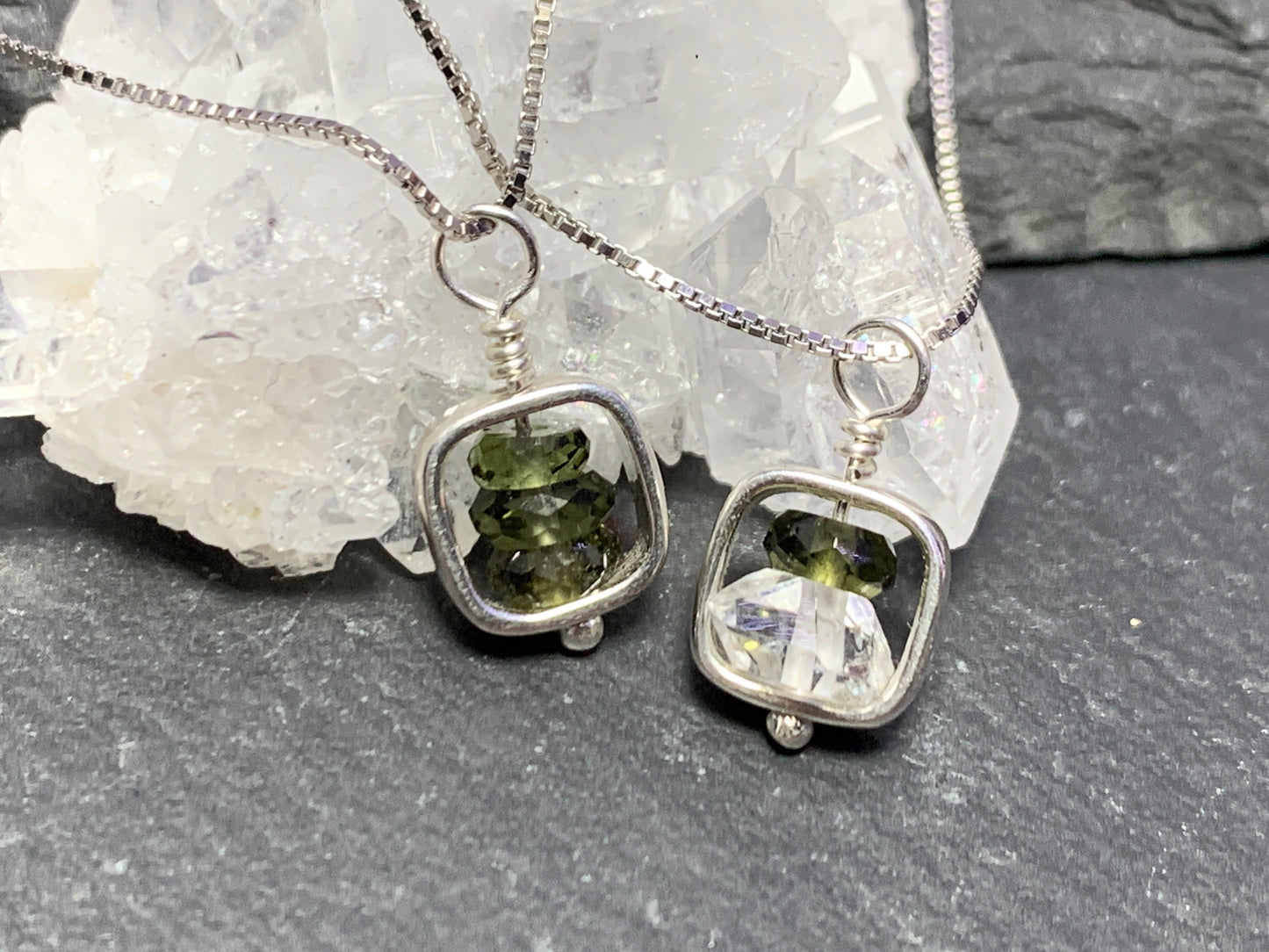 Pendant with Moldavite and Herkimer beads