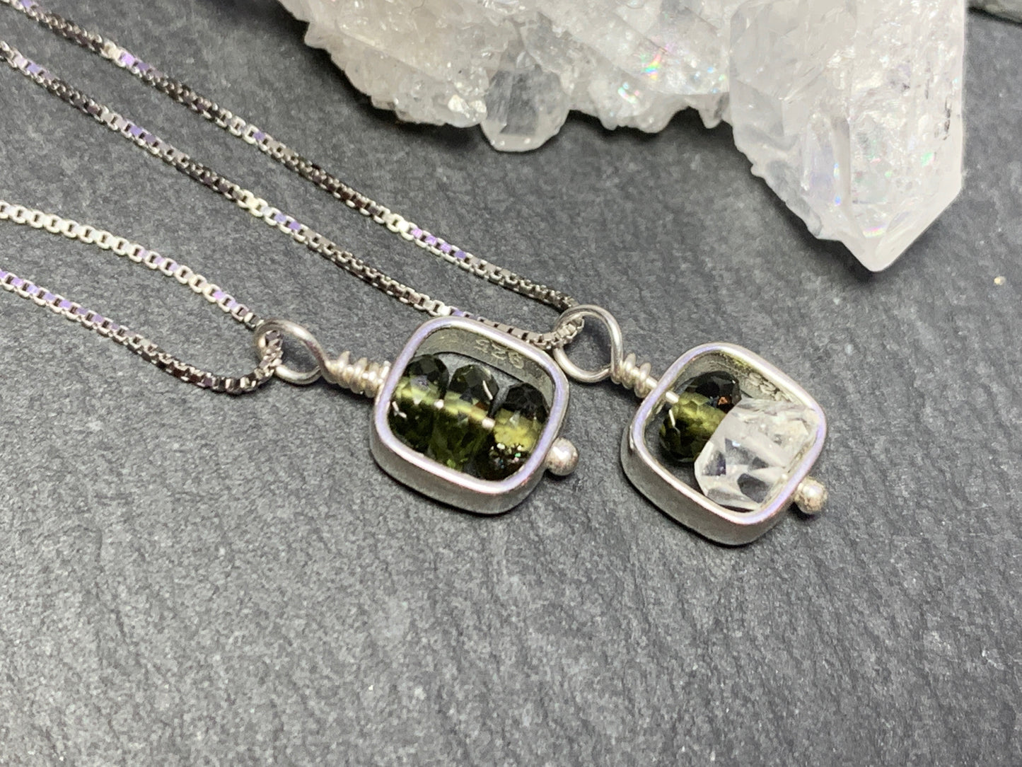 Pendant with Moldavite and Herkimer beads
