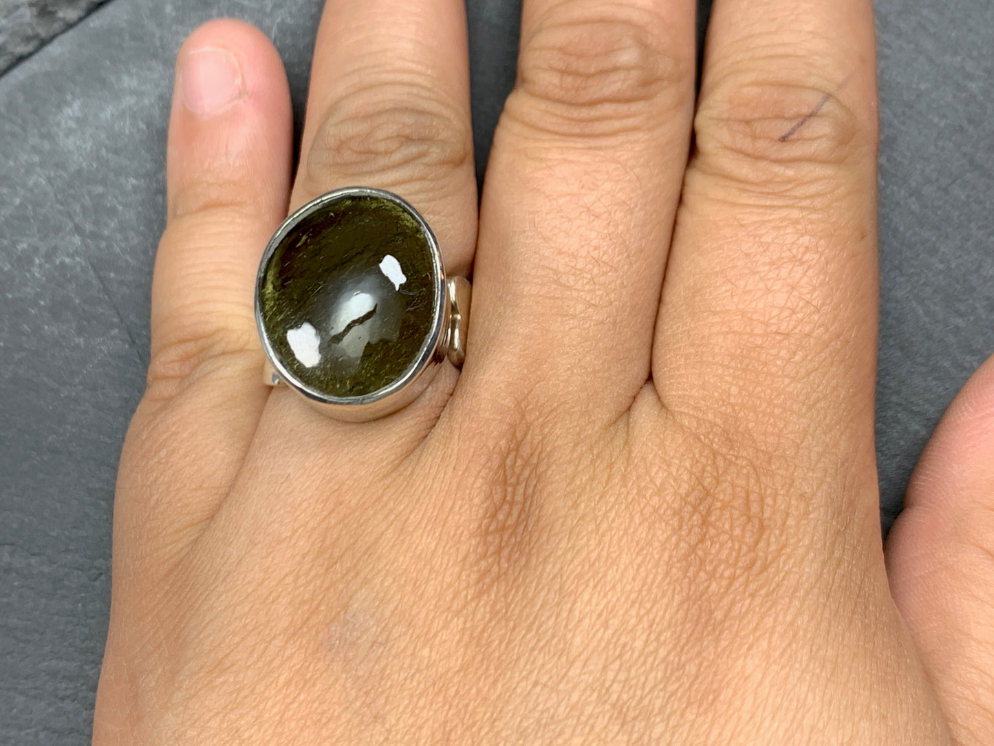 Oval ring with Large Polished Moldavite, one of a kind- adjustable/ size 7.0US