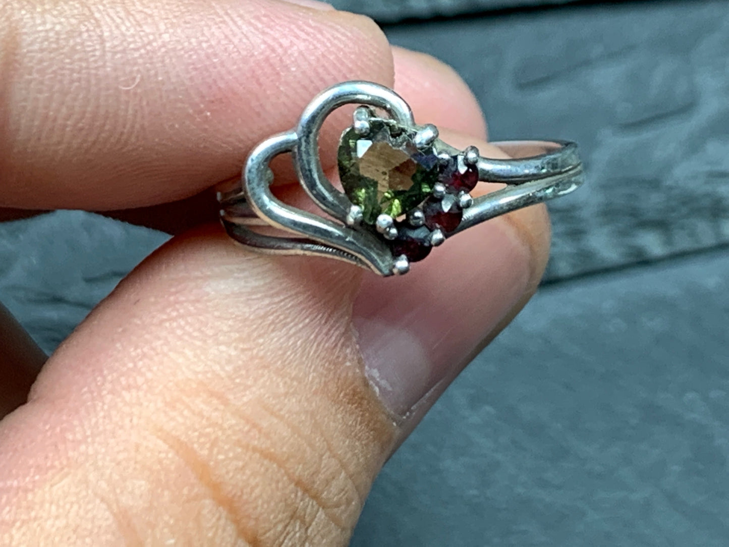 Moldavite & Garnet ring size 7.25